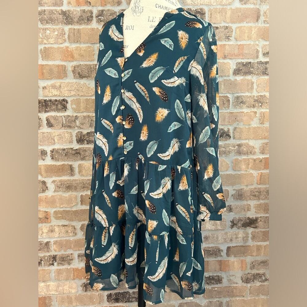 Loft green teal feather print button up dress long sleeve v neck size XS